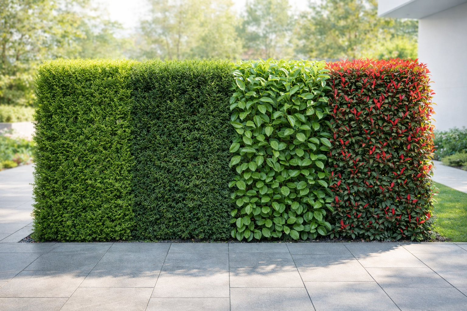 4 warianty żywopłotu: Thuja, Cis, Laurowiśnia, Głogownik